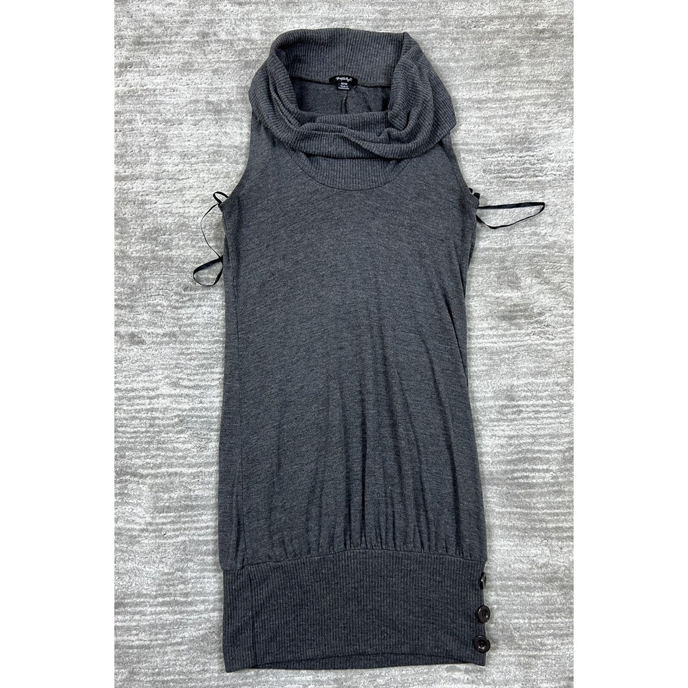Rhapsody Tunic Sweater Womens Medium Gray Cowl Neck Sleeveless Ribbed Button Hem